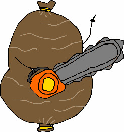 A cartoon non-realistic haggis, wielding a chainsaw, with one arm pointing in the sky.